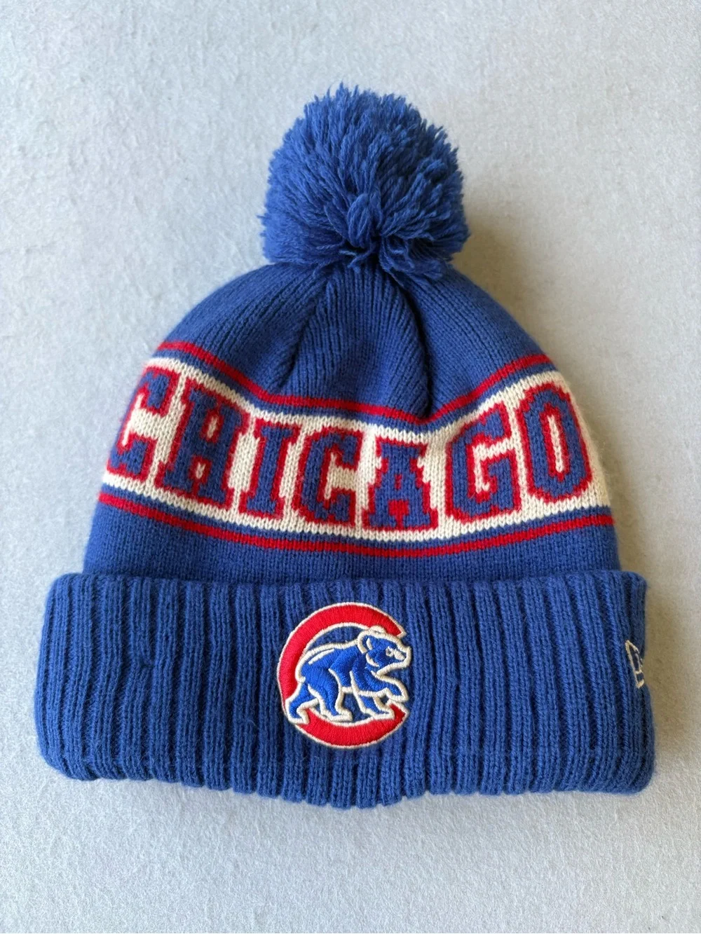New Era Chicago Cubs Royal Blue Knit Pom Beanie with Red & White Accents